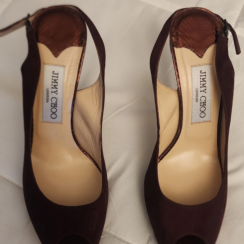 Jimmy Choo 7.5 Stiletto Open Toe Platform Shoes Brown Suede - Picture 4 of 6